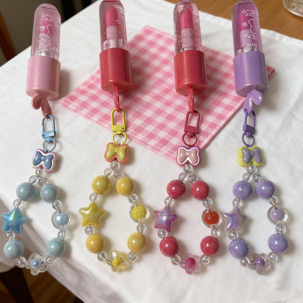 Handmade Beaded Phone Lanyard Keychain with Cute Bow, Lip Gloss Charm, and High-End Bag Pendant