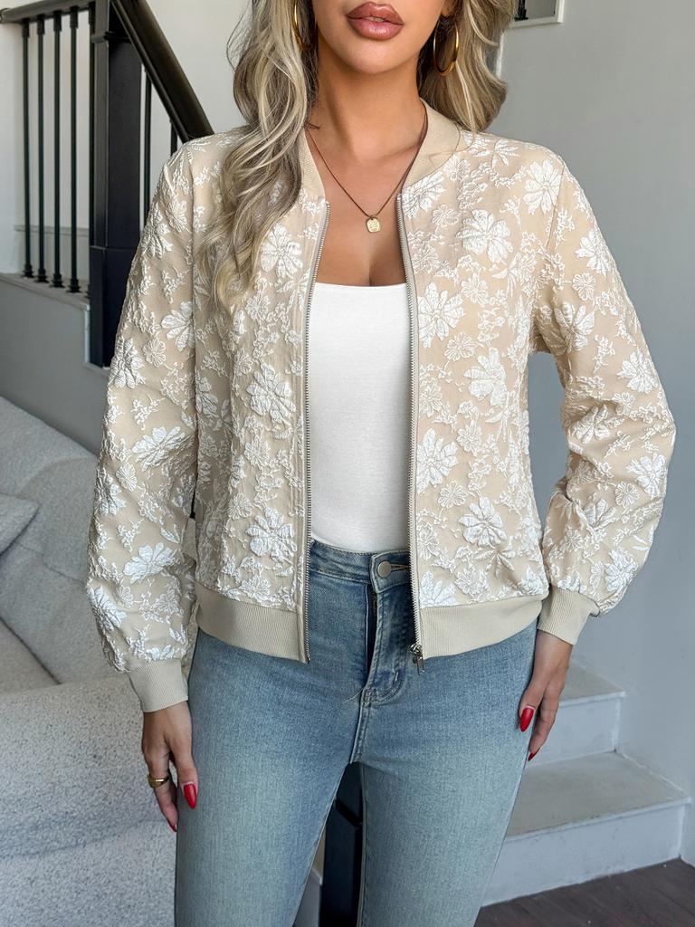 Women Autumn Winter Jacquard Zipper Jackets Elegant Loose Casual Tops Coat