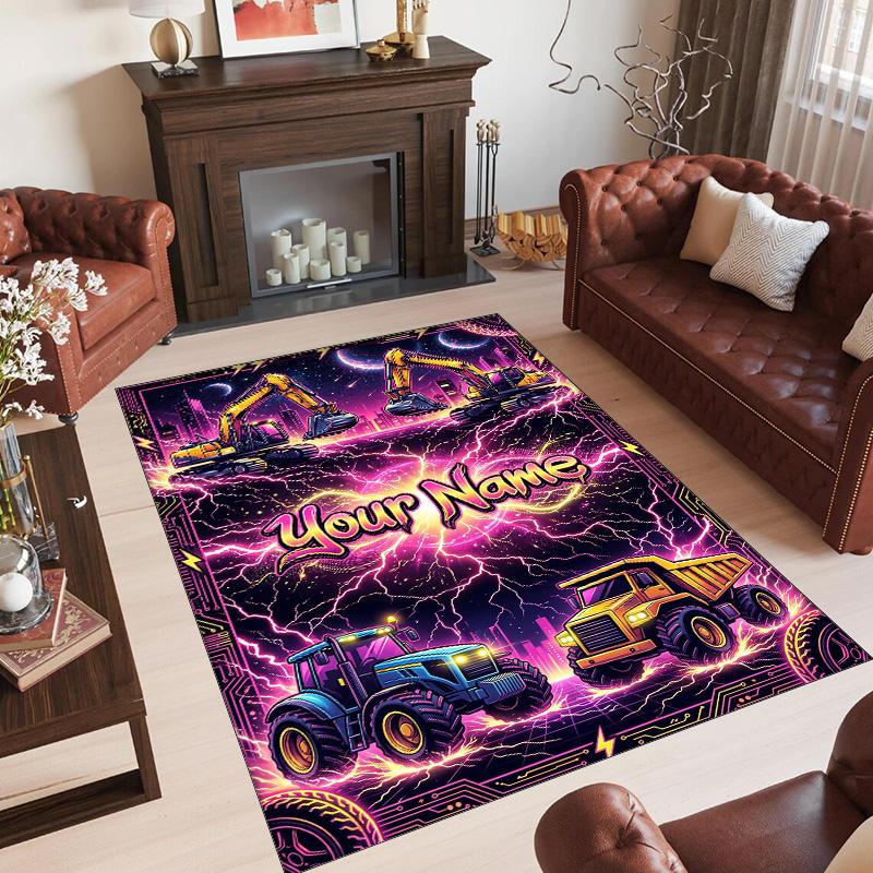Construction Vehicles Theme Crystal Velvet Rug Personalized Custom Name Text Soft Floor Mat Home Decor