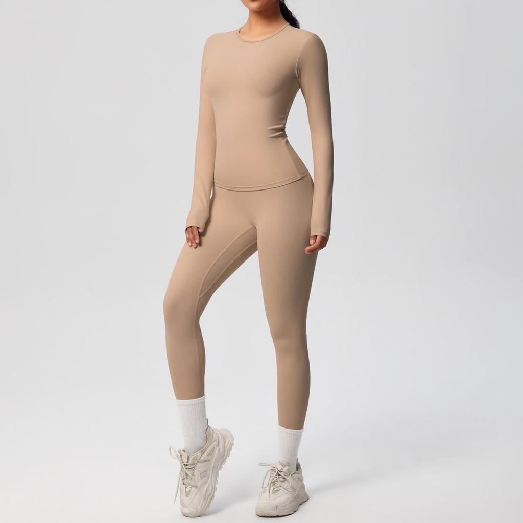 Dual-Sided Solid Color Long-Sleeve Yoga and Running Set - Two-Piece Fitness Outfit