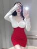 Cotton Color Block Long Sleeve Low Cut Slim Fit Dress for Women