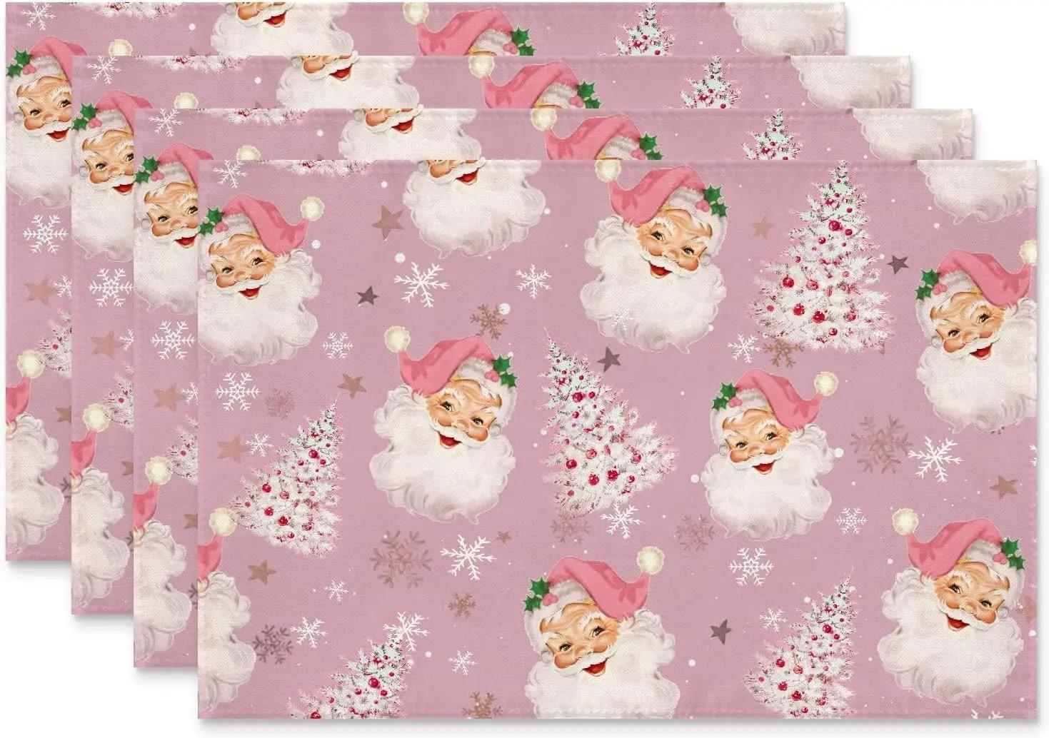 Pink Striped Christmas Placemat Set Pink Santa Claus Pattern Festive Pink Placemats Pink Christmas Decorations Linen Material 4PCS