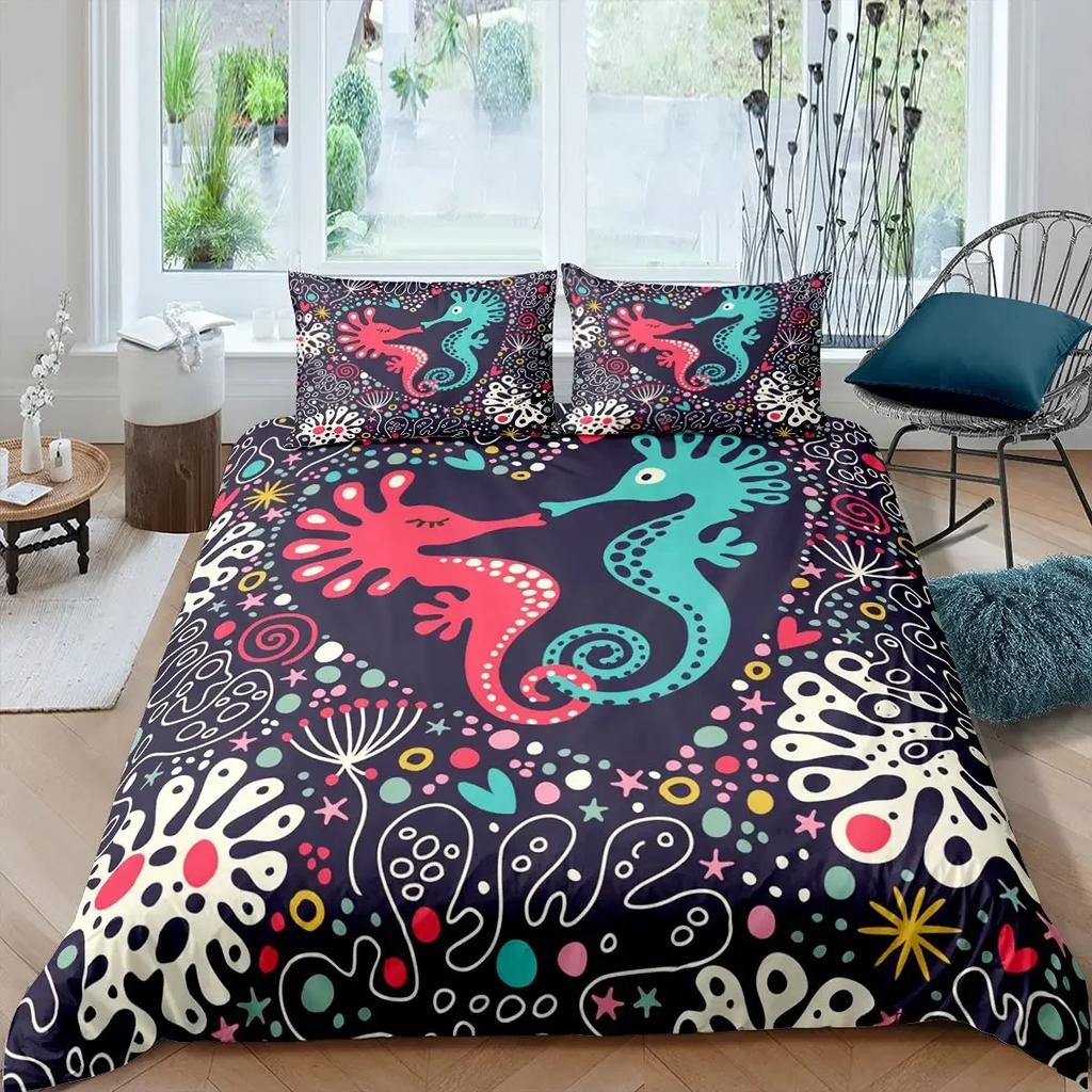 Ocean Animal Duvet Cover Set Coral Marine Life Home Textile Sea Urchin Soft Quilt Cover Cute Seahorse King Size Bedding