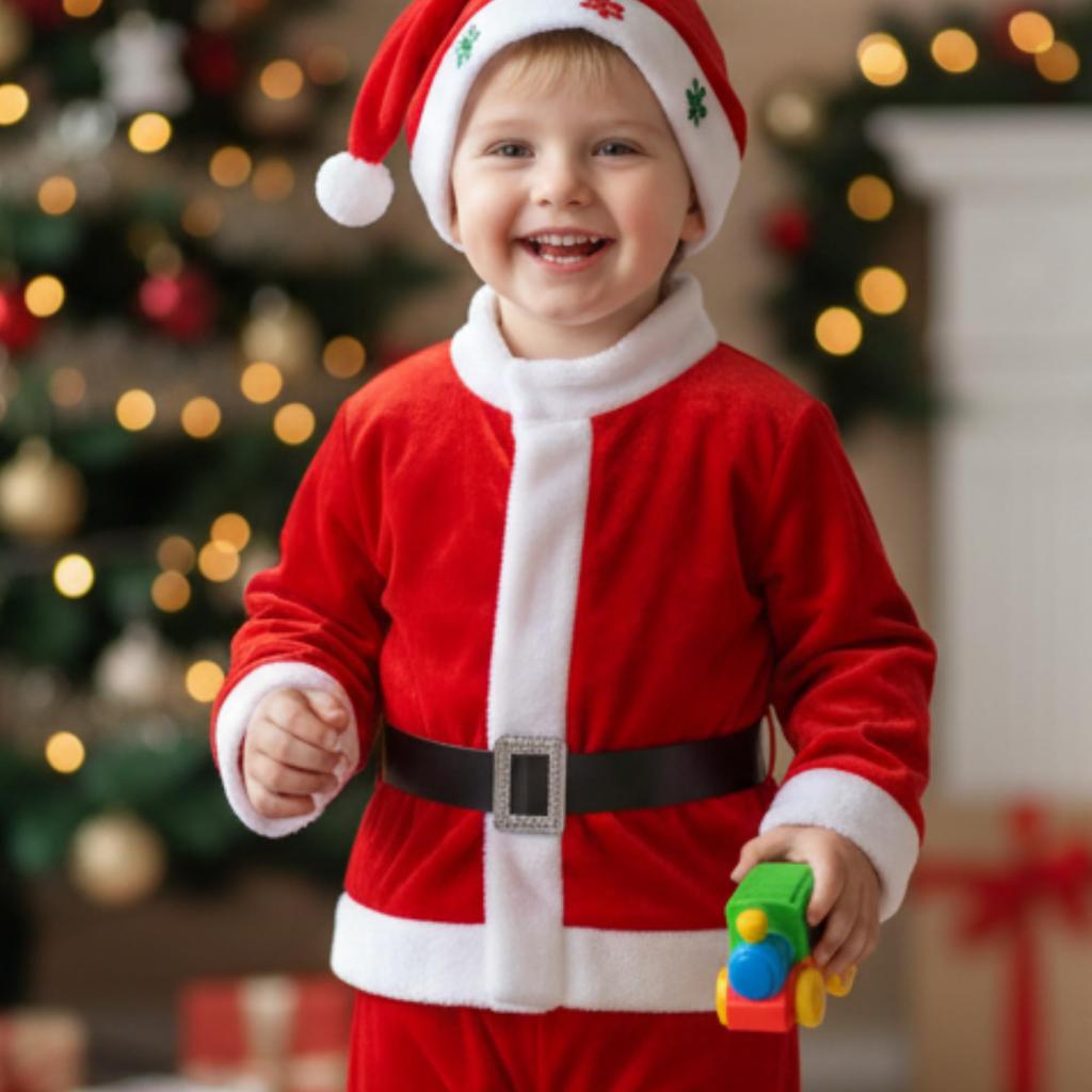 DONGRI Patch Shop Kinder Weihnachtsmann Kostüm, 4-teiliges Set, Mütze, Jacke, Hose und Gürtel, Weihnachtsoutfit (80 cm)