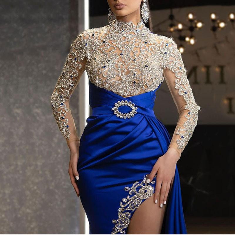 Europäisches und amerikanisches neues Abendkleid ebay Damenbekleidung blau gesprenkelt gold Rundhalskleid langes Kleid Damen