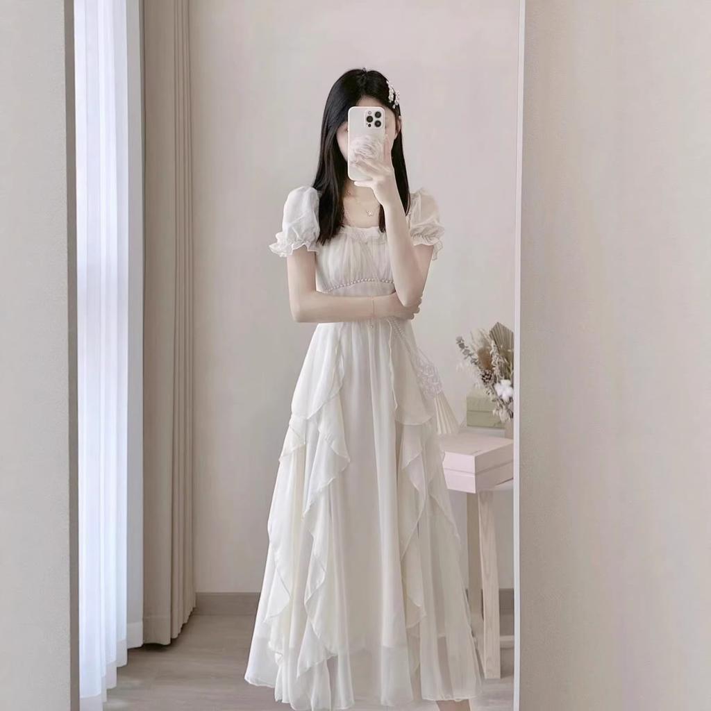 French square collar sweet and gentle fairy style dress women's summer new women's clothing waist thin medium and long skirt