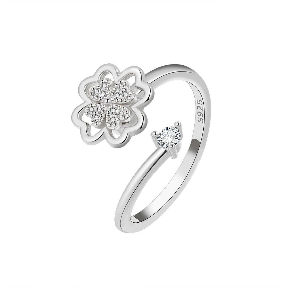 

Rotatable Clover Adjustable Ring For Women Micro Paved Anti Anxiety Stress Relief Spinner Jewelry Band opening adjustable біле золото кольору