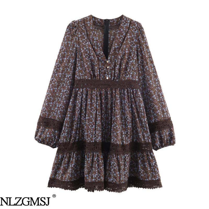 2026 Spring European & American Style Floral V-Neck Lace Trim Dress M