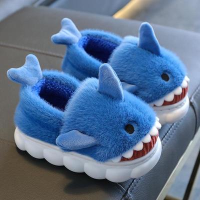Boys' Cartoon Shark Cotton Slippers: Soft, Warm, Non-Slip Winter Shoes for Indoor Wear
