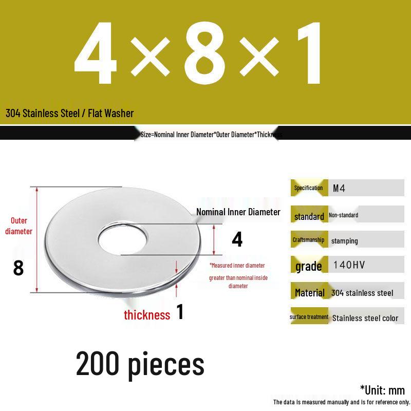 304 Stainless Steel Thickened Flat Washer Set, Sizes 2-36