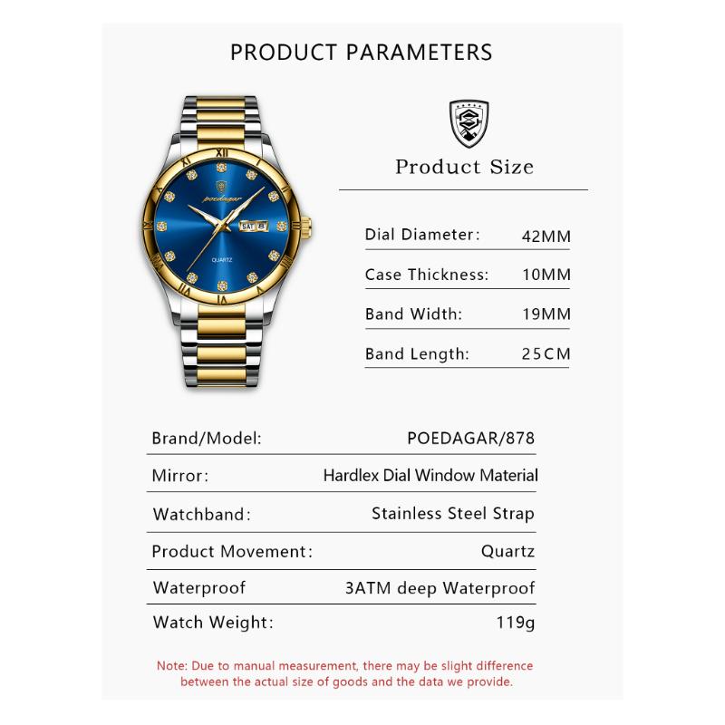 POEDAGAR Luxury Men's Quartz Watch Date Week Waterproof Luminous Man Watch Stainless Steel Casual Fashion Watches For Men