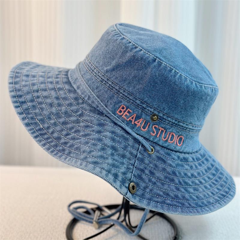 Women Denim Bucket Hat Solid Color Summer Sun Protection Hat Wide Brim Fisherman Cap for Outdoor Travel Beach
