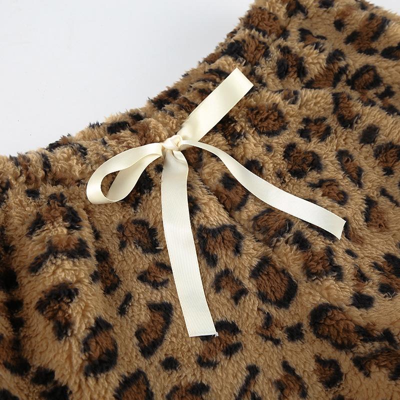 Women's Drawstring Tie Loose Personalised Leopard Print Plush Casual Elastic Low Waist Skinny Niche Straight Leg Pants