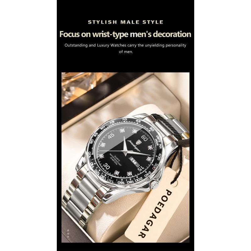 POEDAGAR Fashion Luxury Man Clock Waterproof Luminous Date Week Wristwatch Stainless Steel Quartz Business Watches for Men