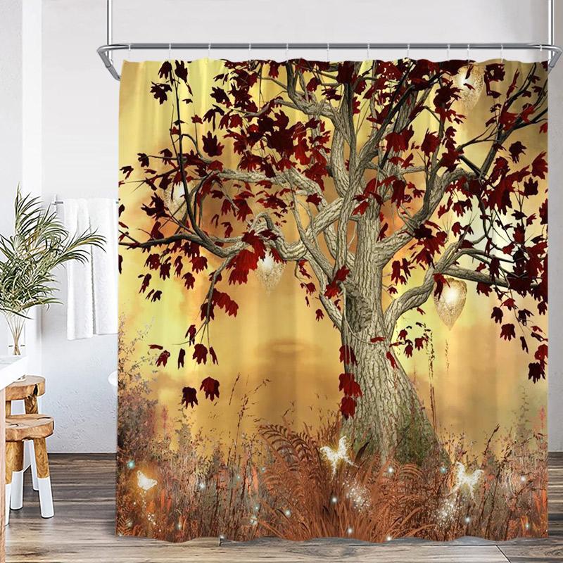 Autumn Landscape Shower Curtains Red Maple Trees Pavilion Arch Bridge Park Nature Scenery Home Bathroom Decor Bath Curtain Set