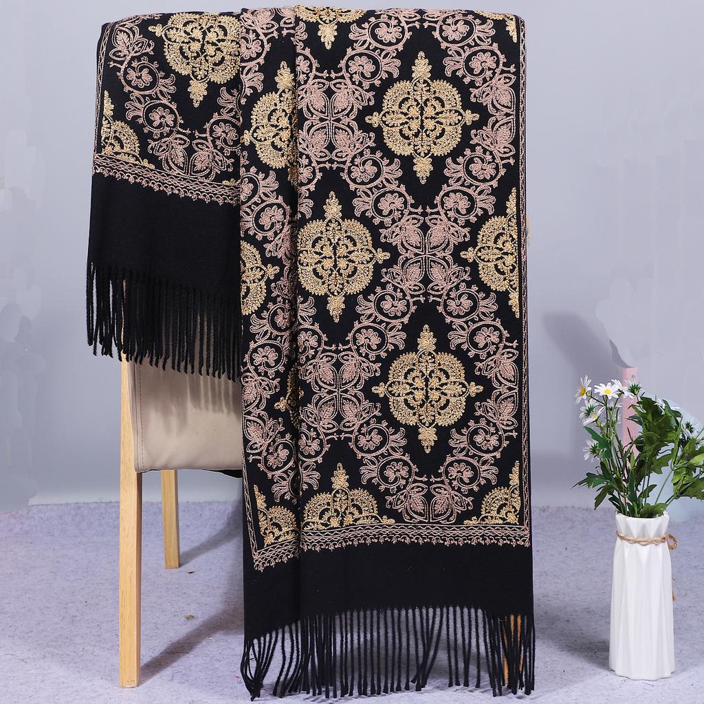 Yunnan Autumn and Winter Embroidered Imitation Cashmere Scarf for Women, Ethnic Style Embroidered Crown Thickened Warm Shawl with Tassels from Inner