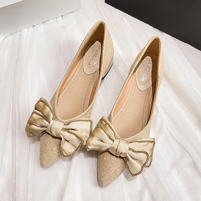 Pantofi simpli cu vârf ascuțit Feminitate Primăvară Nouă seară Vânt Pantofi blânzi Fundă Tot se potrivesc Gură superficială Pantofi cu toc înalt