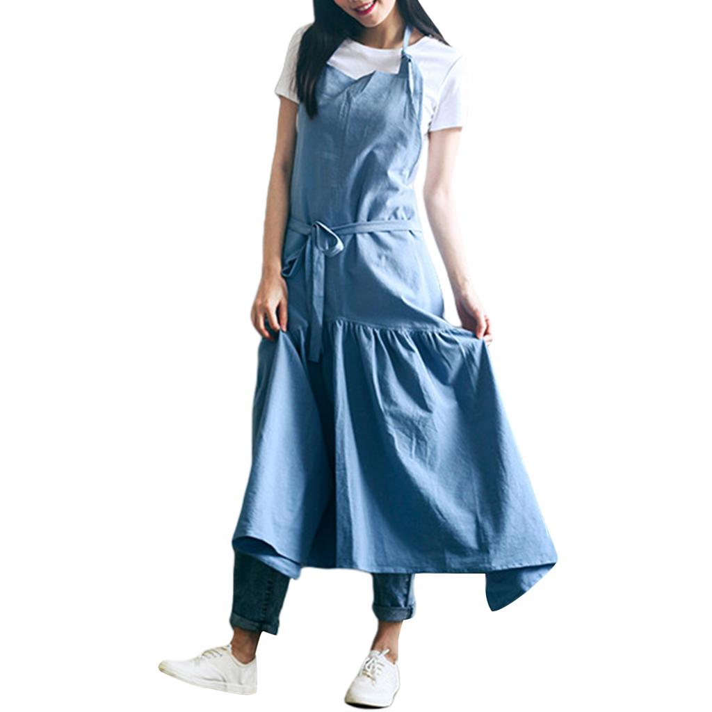 Cotton Linen Apron for Women Plain Work Apron Pinafore Dress Adjustable Casual Apron for Cooking Gardening Coffee Shop