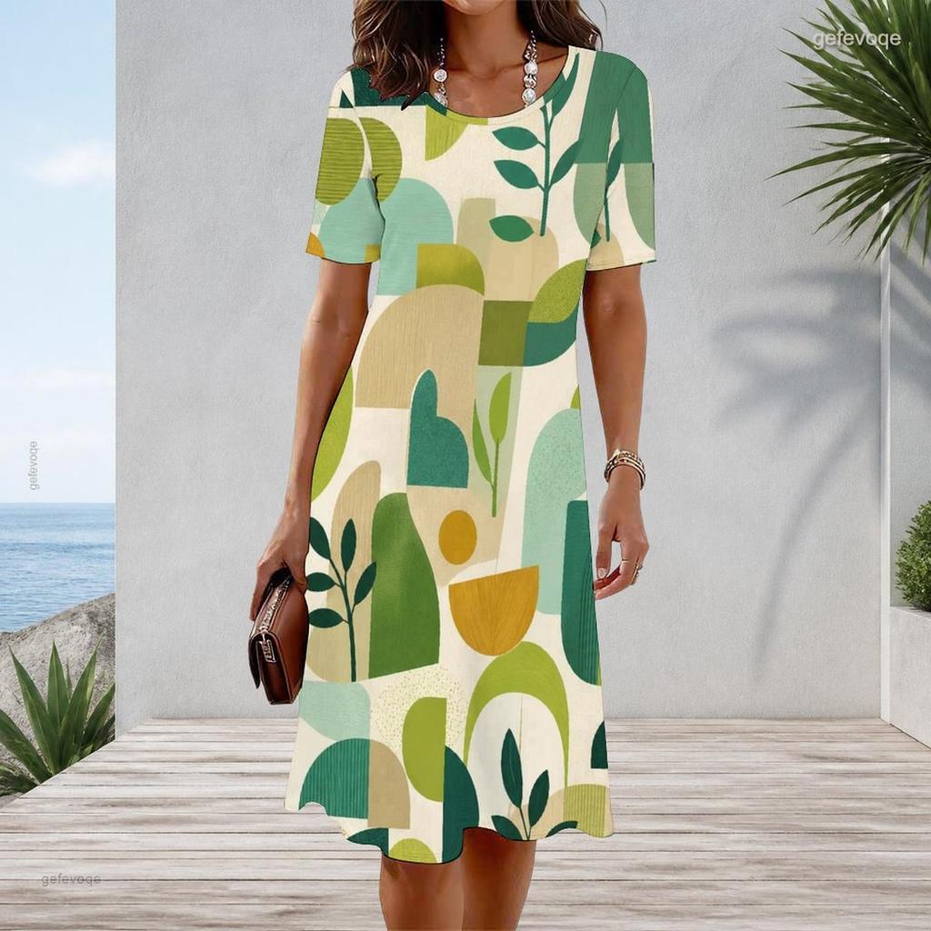Women Plus Size Round Neck Short Sleeve Geometric Printed A Line Midi Dress
