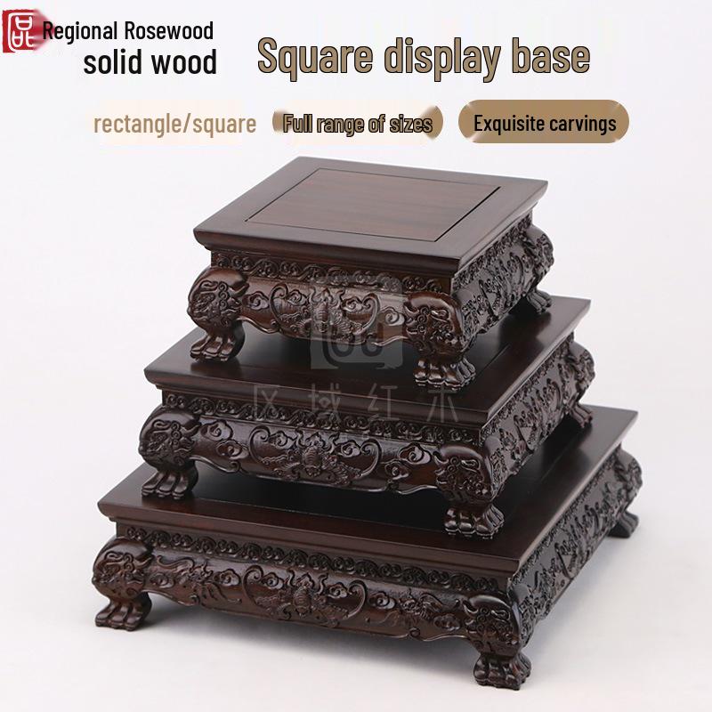 Ebony Rosewood Jade Bonsai Buddha Vase Base - Carved Solid Wood Ornament Stand