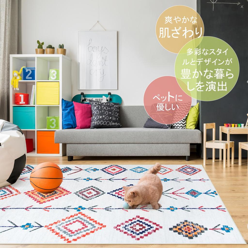 HAOCOO Rug, 90x150cm, Washable, Approximately 1 Tatami Mat, Ethnic Style, Traditional Pattern, Compatible with Heated Carpets, Non-Slip, Floor Protect