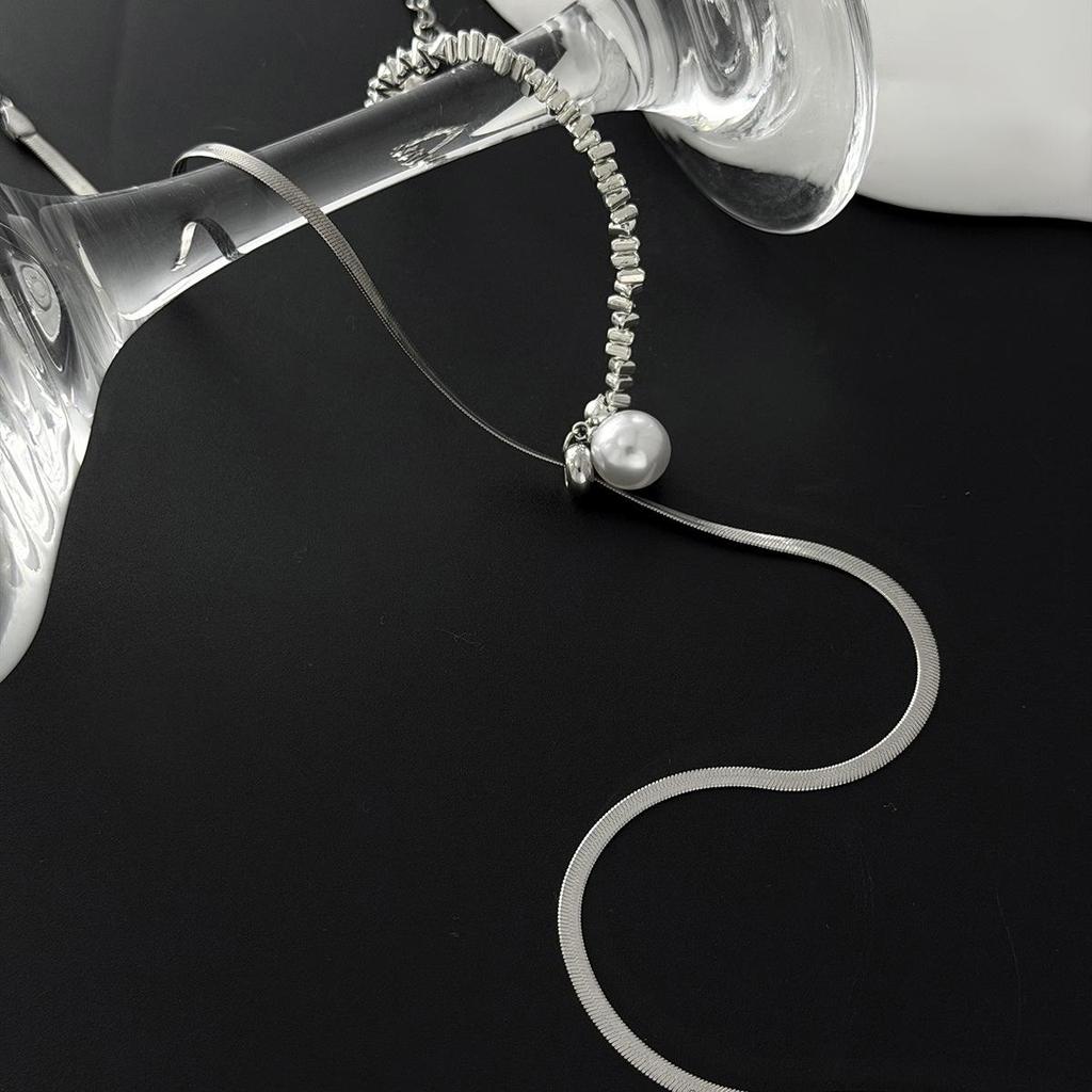 Fashionable Flat Snake Chain CCB Bead Embellishment Splicing Necklace for Women, Simple Pearl Tassel Necklace, Jewelry Gift