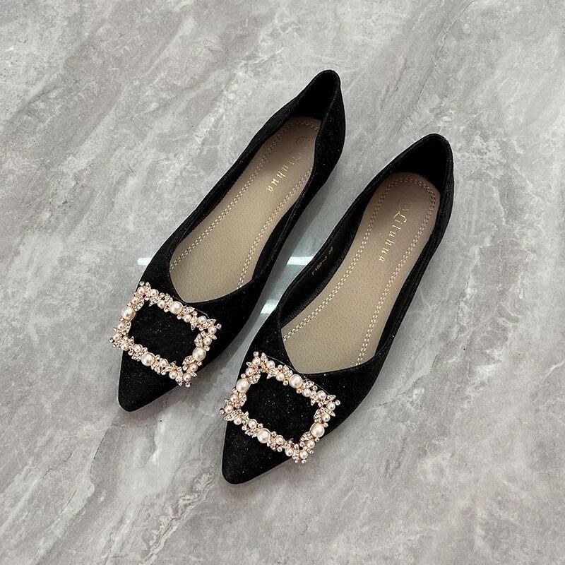 Fashion Pointed Toe Diamond Rhinestone Black Low Heel Elegant Woman Flats with Crystals Shoes for Women Clothing Trend 2025 High Quality