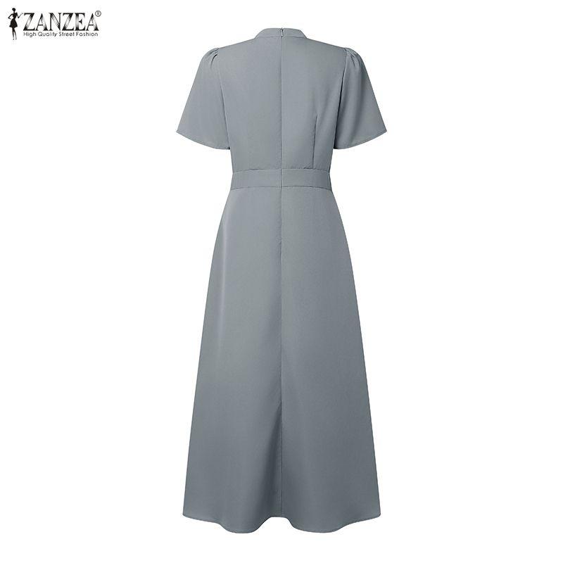 ZANZEA Women Summer Turn Down Collar Short Sleeve Elegant Casual Dress