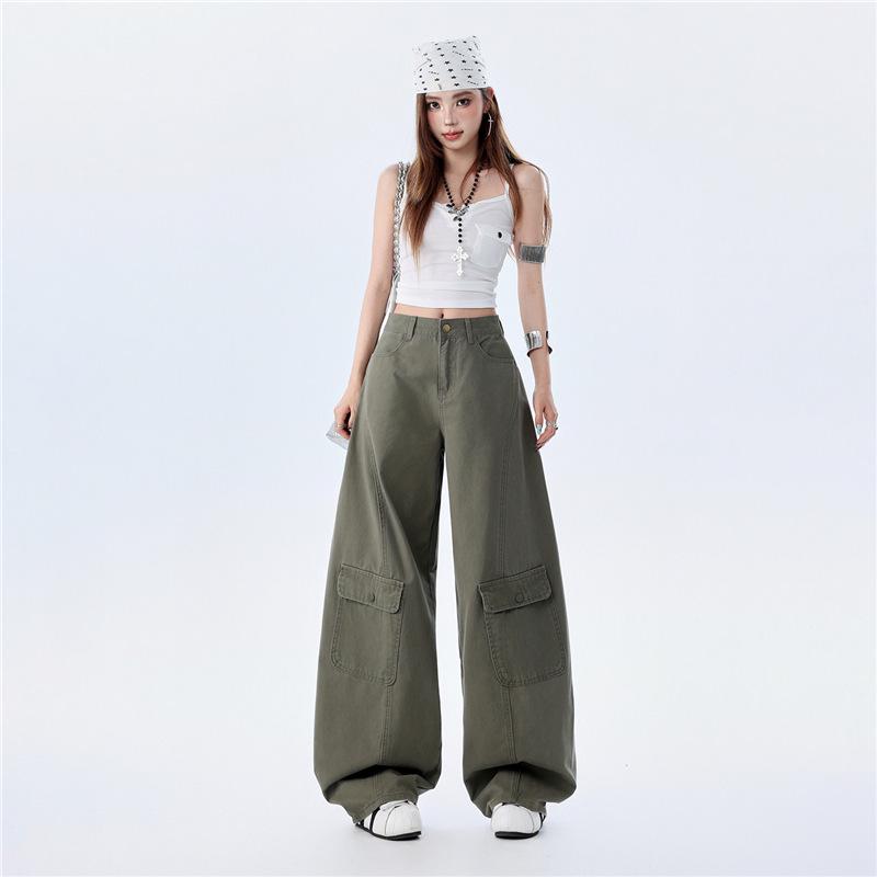 2026 Spring Trendy Military Green Curved Leg Workwear Jeans – Casual, Loose, and Versatile Drape for Women