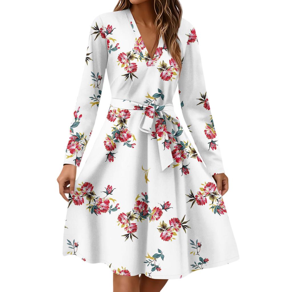 Dámské módní ležérní šaty midi s výstřihem do V, dlouhým rukávem, v pase a s květinovým potiskem