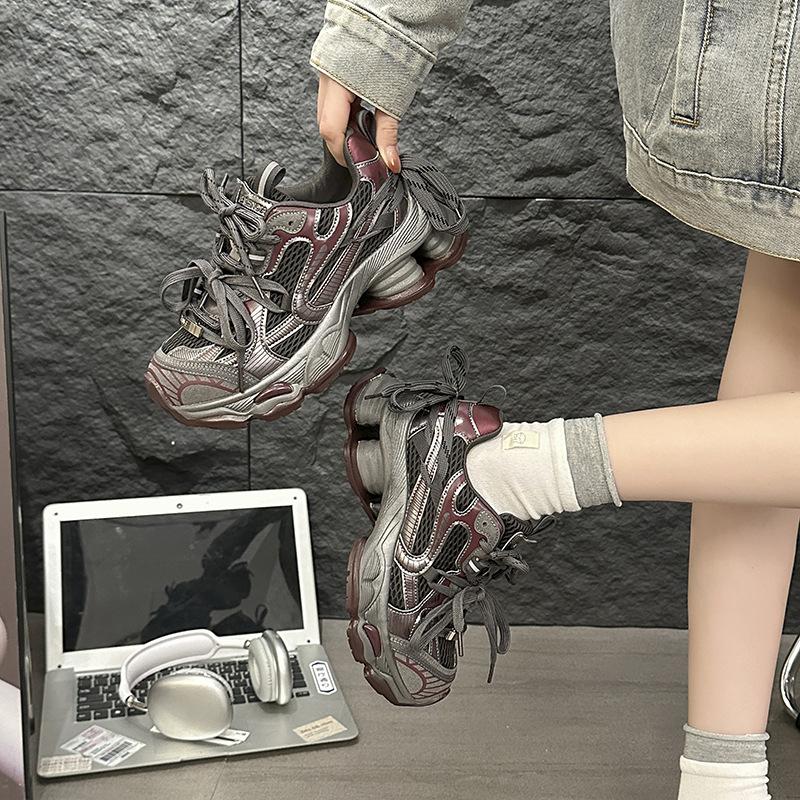 Thick-soled Heightening Paris Double-strap Contrasting Color Dad Shoes for Women 2025 Autumn and Winter New Shock-absorbing Sports and Leisure Shoes