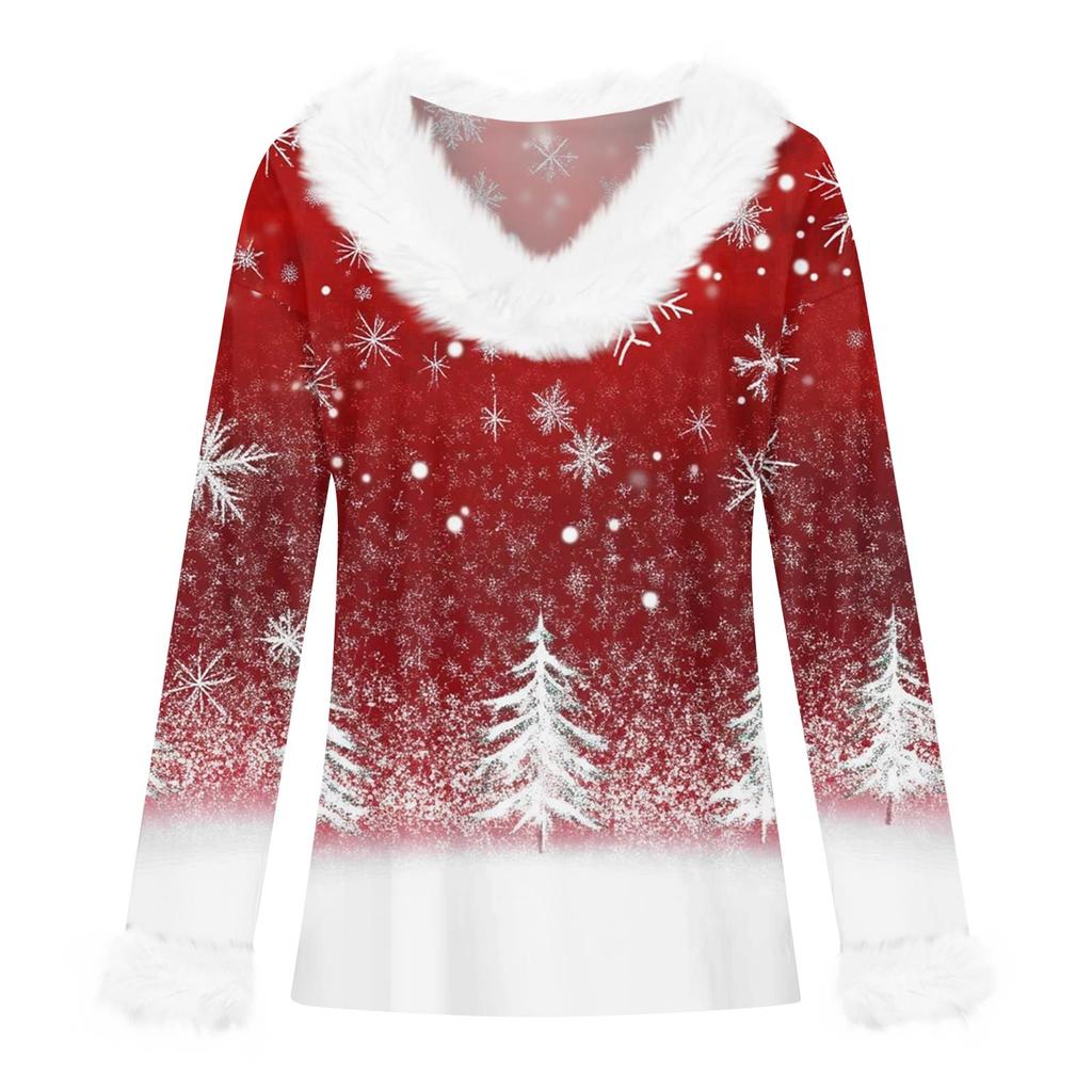 Damen Modisches Lässiges V-Ausschnitt Weihnachts-Print Langarm-Oberteil