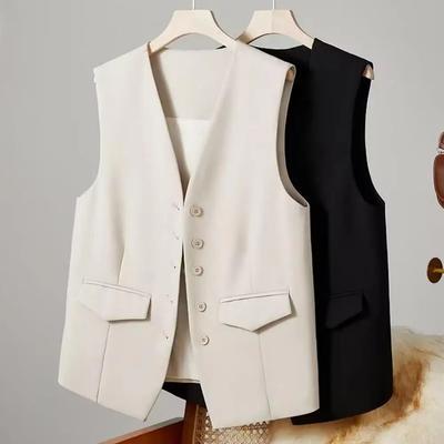 Gilet de costume pour femme élégant col en V gilet d'affaires sans manches gilet pour bureau style trajet couleur unie simple boutonnage