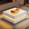 70*70*35cm Coffee Table with Glass Tabletop, Geometric with LED Lights, 3 Drawers, High-Gloss, Side Table, Suitable for Small Rooms, White