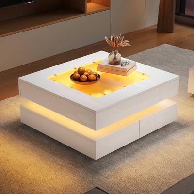 70*70*35cm Coffee Table with Glass Tabletop, Geometric with LED Lights, 3 Drawers, High-Gloss, Side Table, Suitable for Small Rooms, White