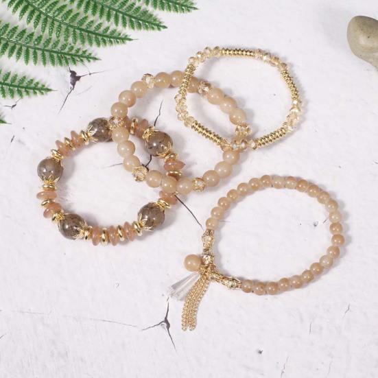 4Pcs/Set Boho Faux Agate Pearl Tassel Chain Charm Beaded Bracelet Women Jewelry