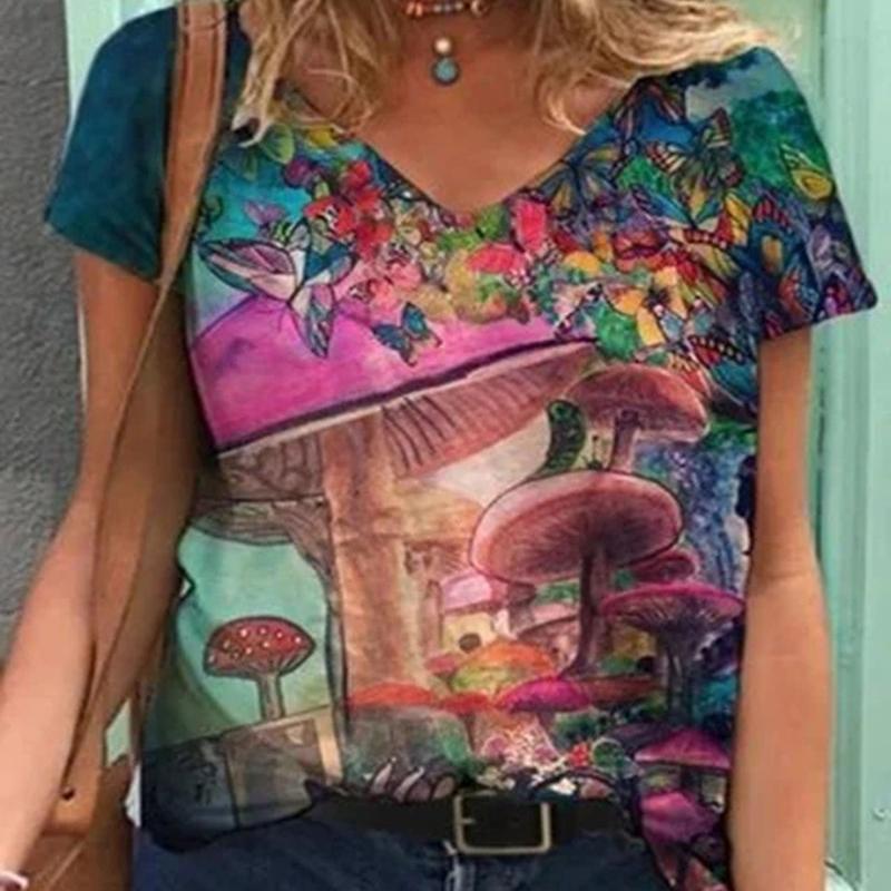 Fashion Spring  Bird Print Blouses Short Sleeved V-Neck T Shirts Casual