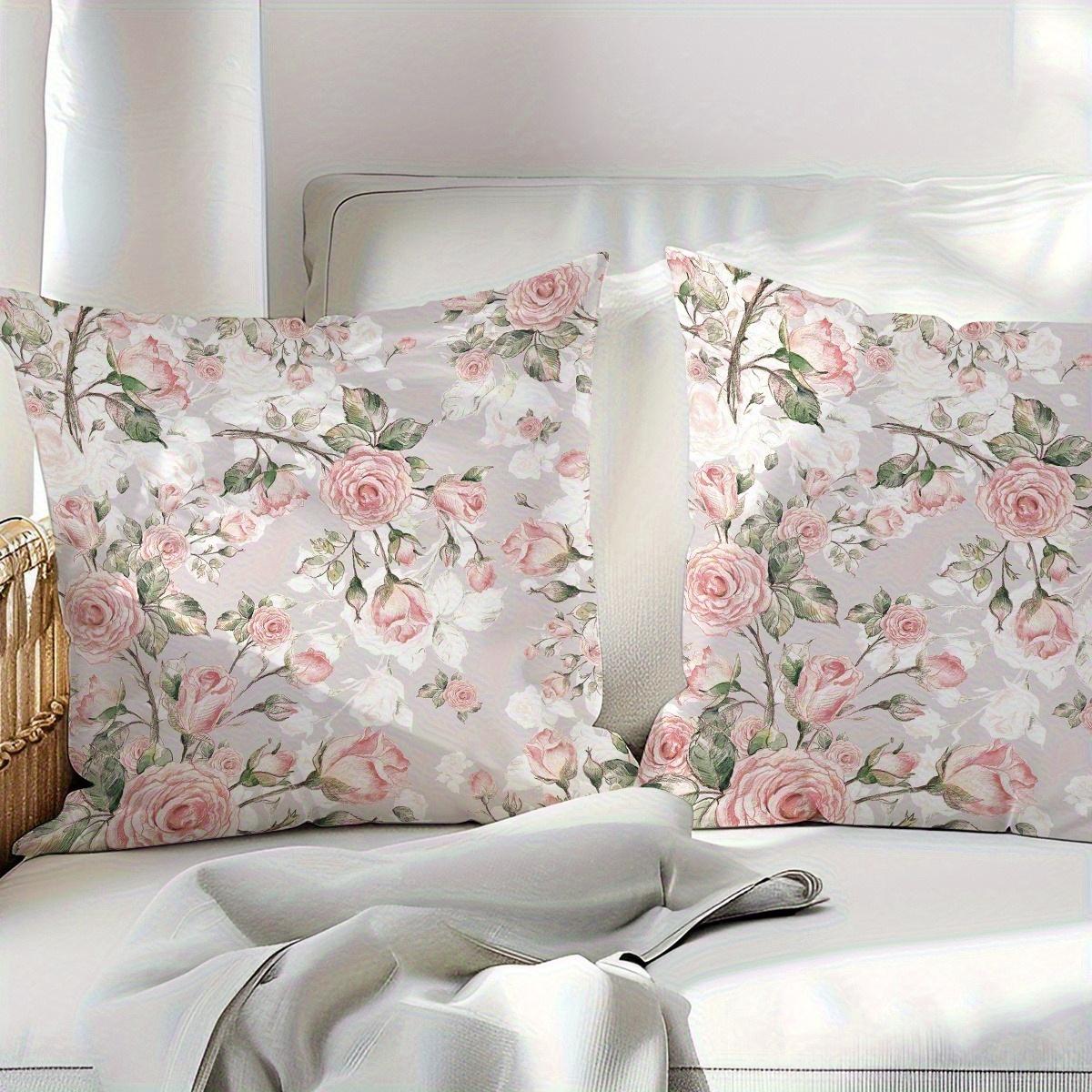 Jessica Chen Unisex Pink 1Pc Rose Floral Pillow Cover, Polyester 2D Double Sided Print Cushion Case, Romantic Watercolor Flower Throw Pillowcase, Sw