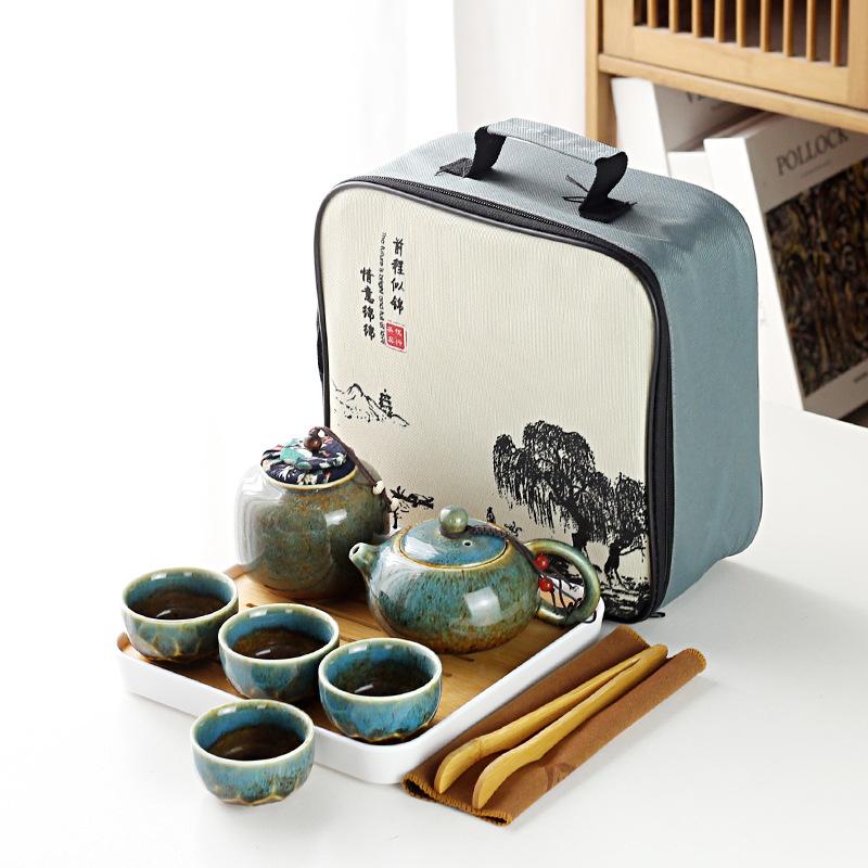 Travel tea set, portable ceramic kiln-changed glaze, one pot of four cups tea set, household personal gift box