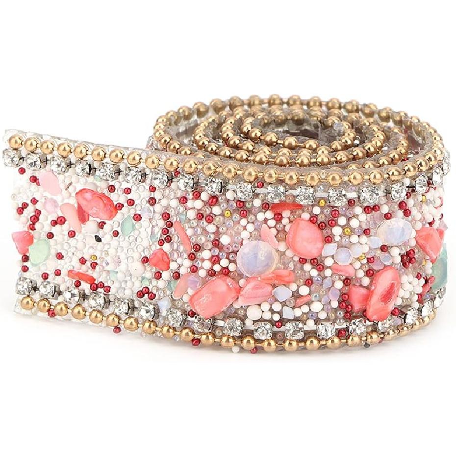 Diamond Ribbon, Dazzling 2.5cm DIY Diamond Mesh Wrap Roll Crystal Rhinestones Chain Trim Ribbon Decoration (Sapphire Blue Stone + Gold Bead Chain)