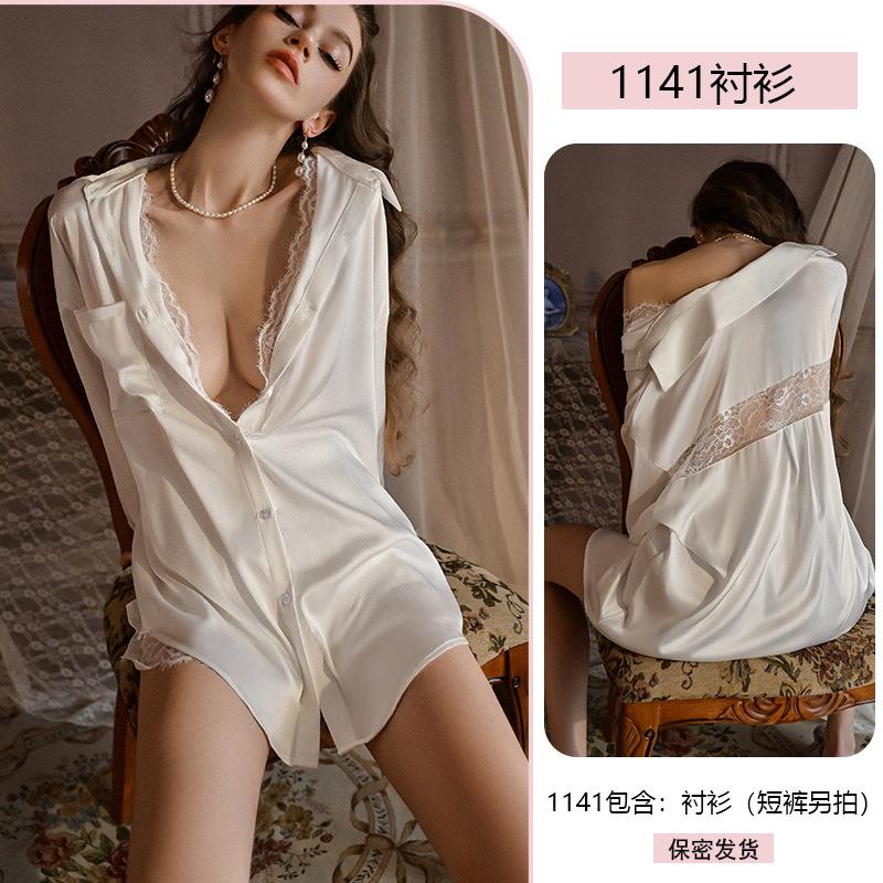 Sexy Boyfriend Style Shirt, Plate-sized Pajamas, Pure and Thin Lace Loose Home Wear, Sleeping Dress Set 1141