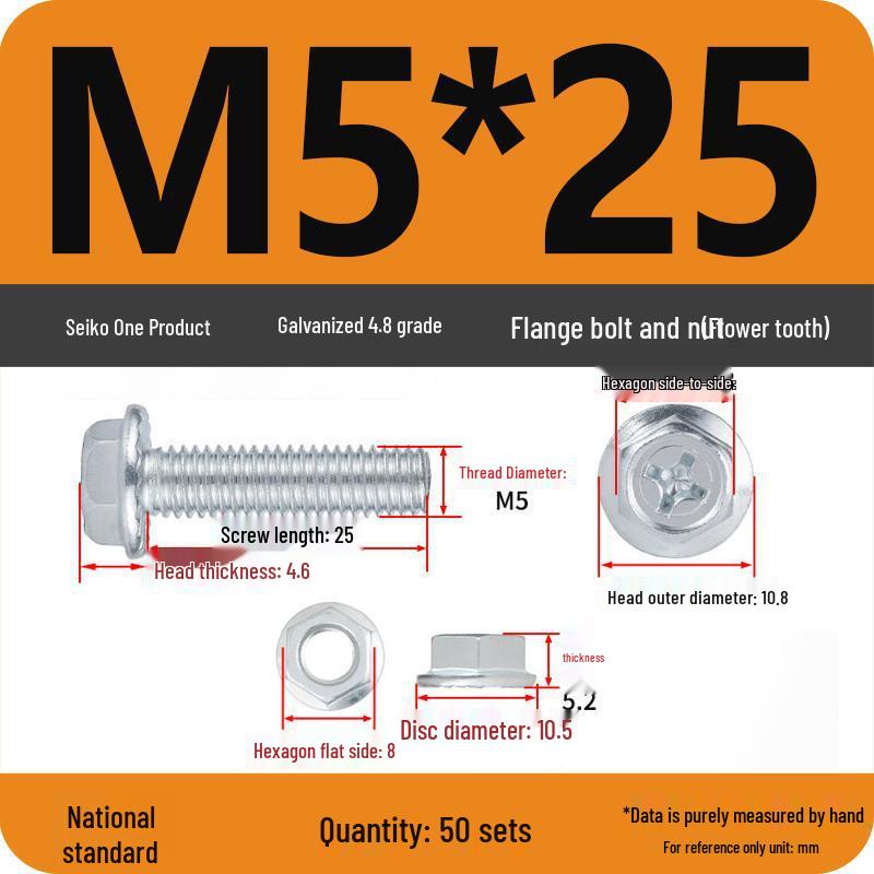 Galvanized Hex Bolt & Nut Set with Washer, Anti-slip, 4.8 Grade, Cross Flange Head, M4-M8 Sizes.