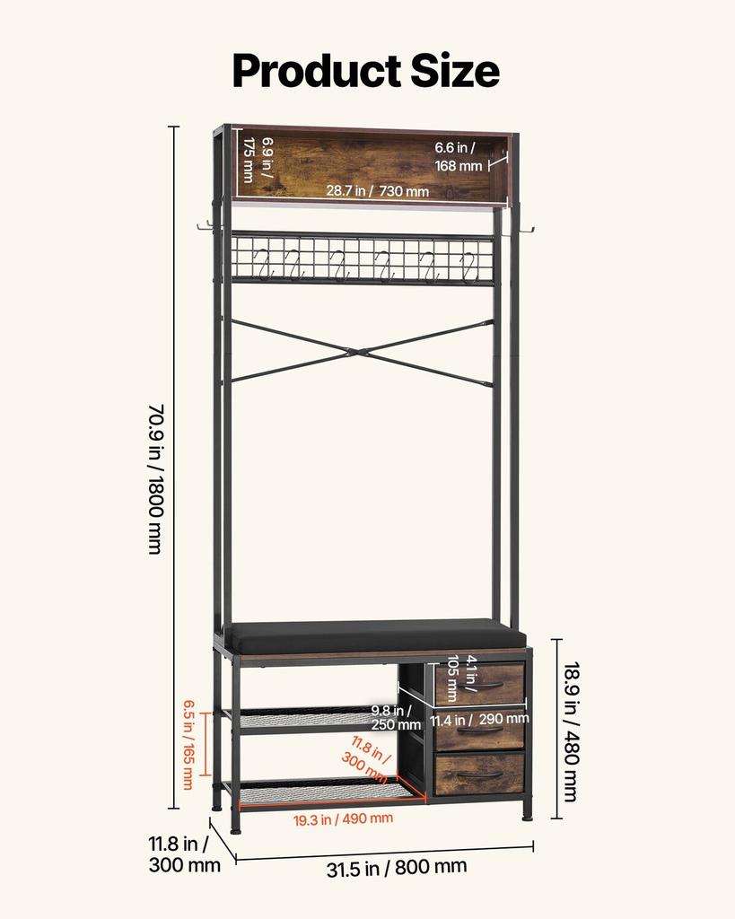 Hall Tree, 1800 mm Coat Rack with Shoe Bench & 3 Drawers, 3-in-1 Freestanding Shoe Rack Storage Organizer with Bookshelf & Wire Shelf, Steel Frame