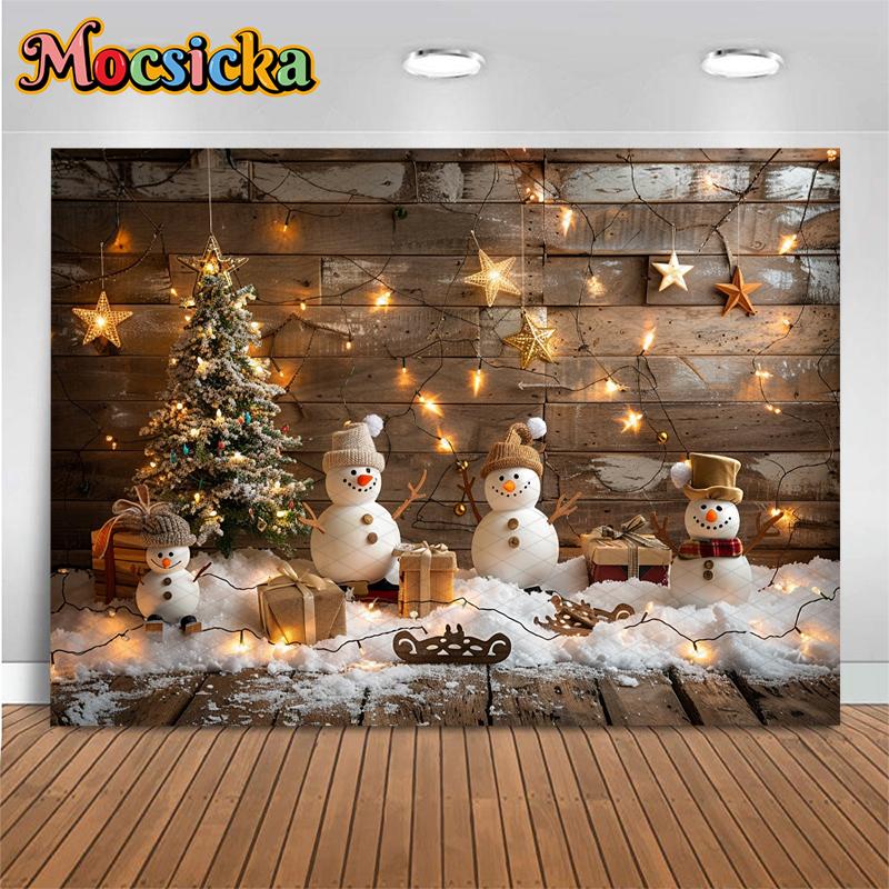 Christmas Background Photography Gifts Snowman Wood Wall Tree Big Backdrop Baby Shooting Props Party Decoration Studio