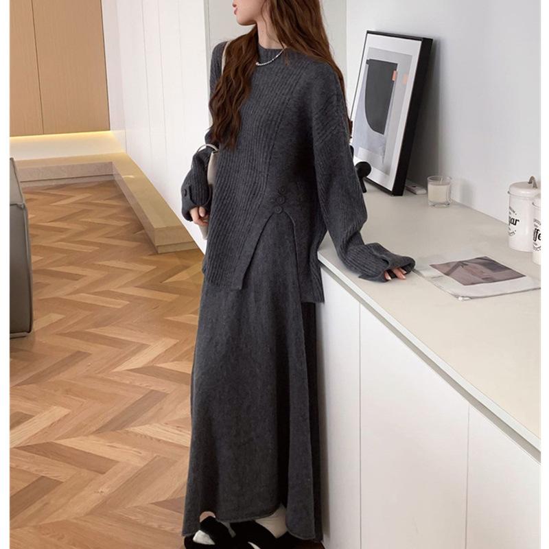 Autumn and Winter Women's Knitted Round Neck Pullover Soft Sticky Split Knit Sweater Casual Half-body Skirt Suit