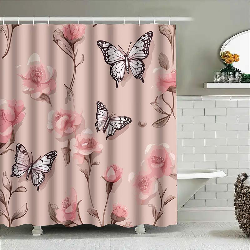 Luxury Pink Floral Shower Curtain With White Butterflies Decorative Bath Rug Set For Bathroom Decoration In Home Garden