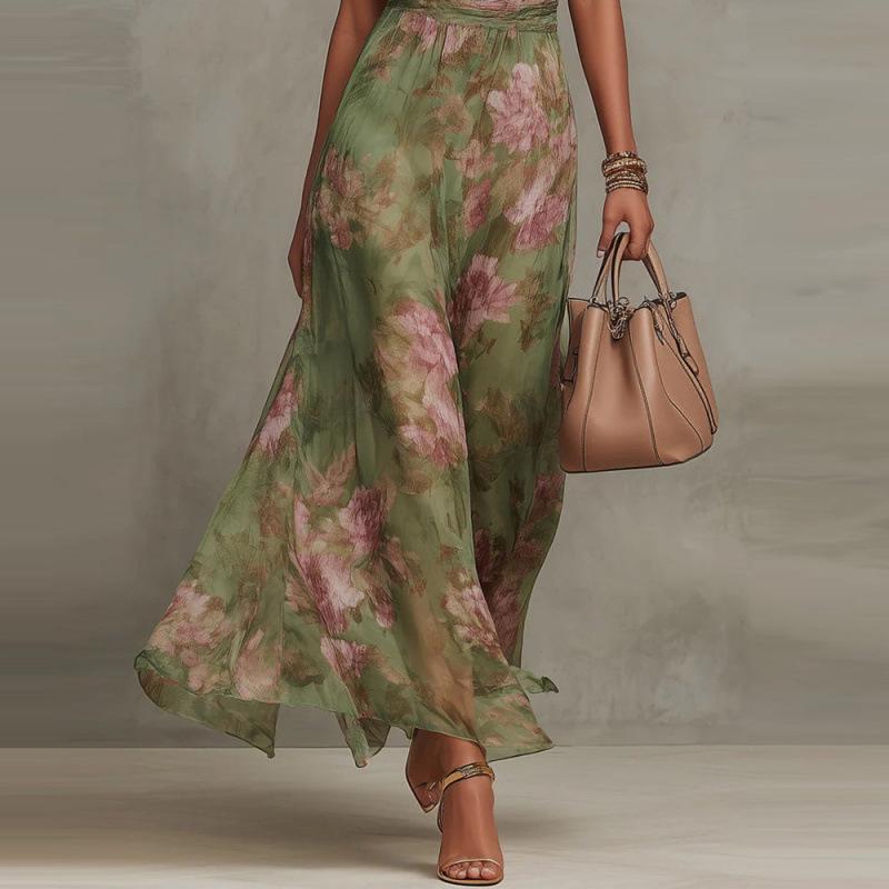 Maxikleid mit unregelmäßigem Schlitz, Mesh-Print, Falten und Spaghettiträgern für Damen (Modelljahr 2026)