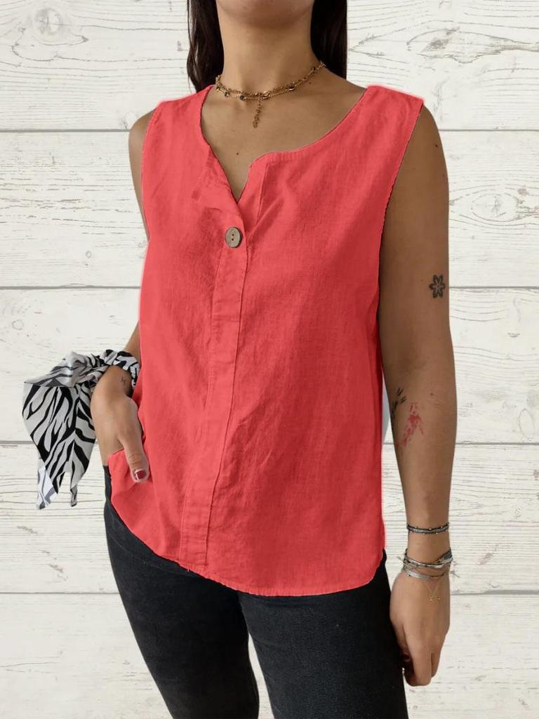 Summer Loose Vest Shirt Ladies V-Neck Cotton and Linen Button Tops Women