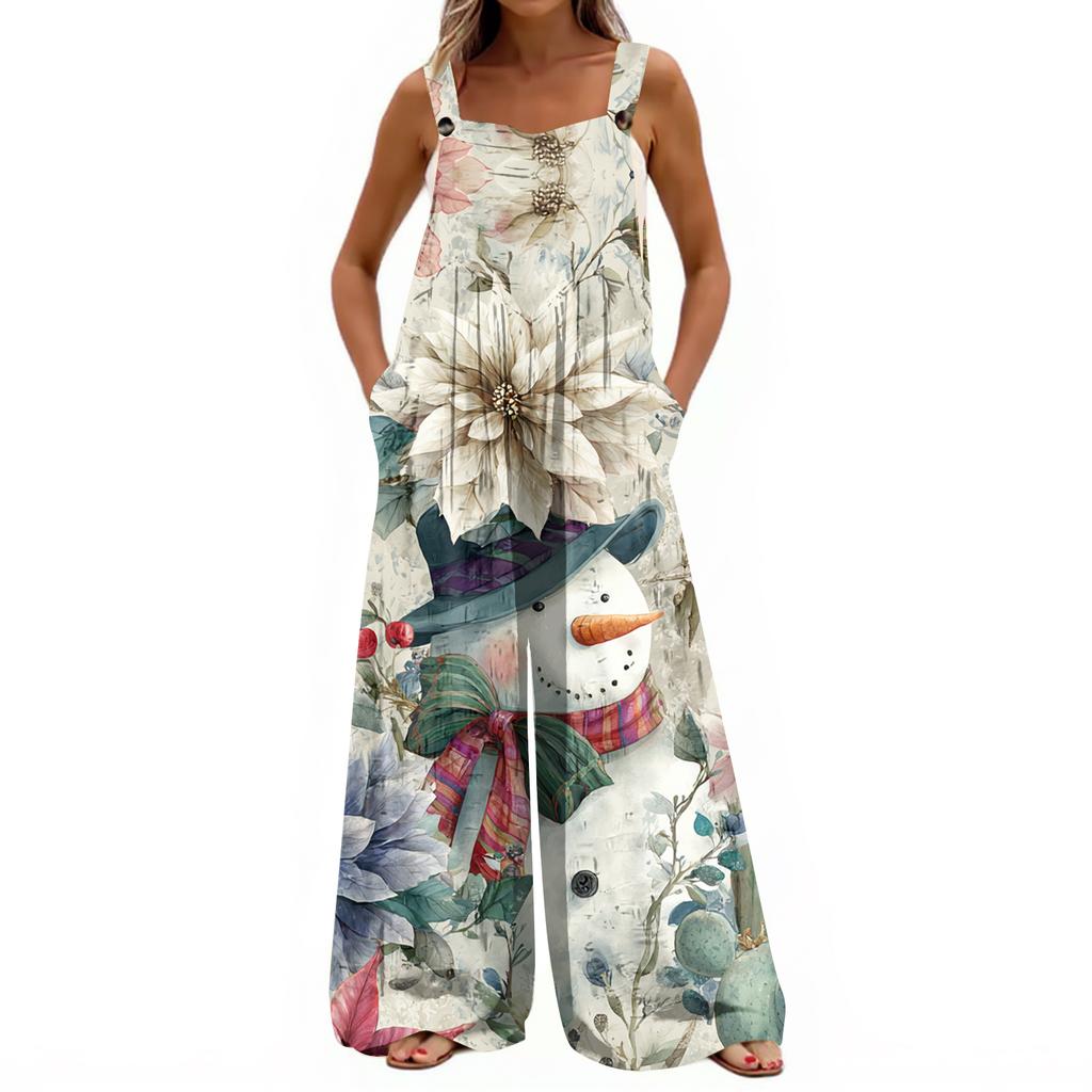 Damen Weihnachten Print Einfarbig Weites Bein Trägerlos Tanktasche Lässiger Einteiler