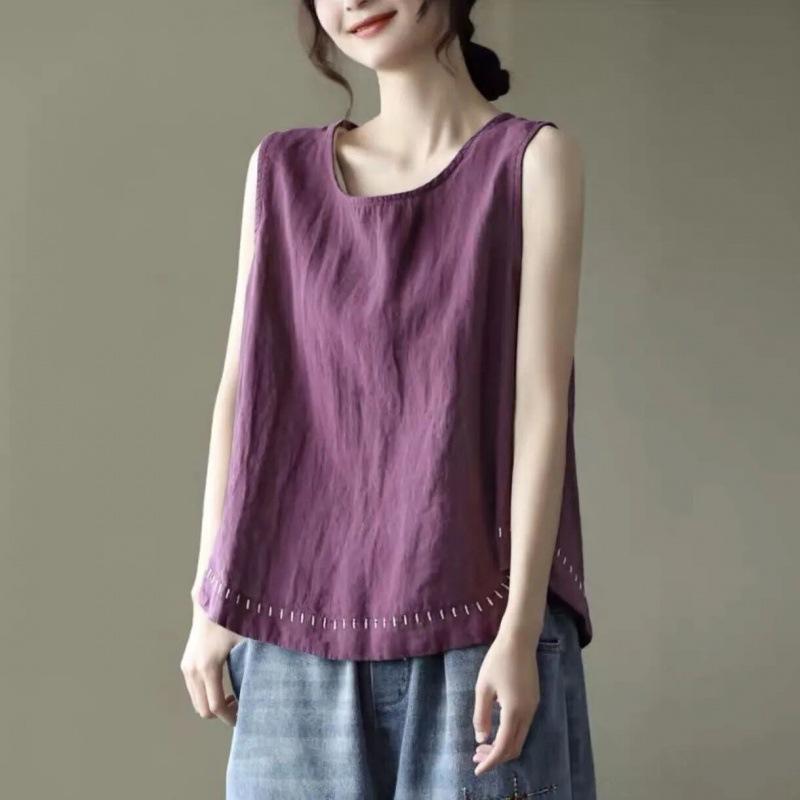 Top da Donna in Cotone e Lino a Colore Unito Stile Letterario con Bordi Ricamati Canotta Estiva Casual Harajuku Senza Maniche